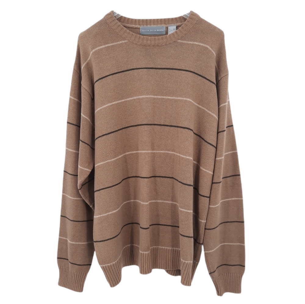 VTG 90s Oscar de la Renta Brown Stripe Cotton Acrylic Crew Neck Sweater XXL 2X